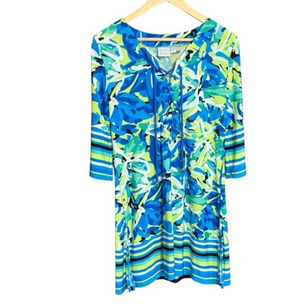 Beach Break Womens XS Tropical Cover-Up Dress Blue & Green Floral Print 3/4 Slee